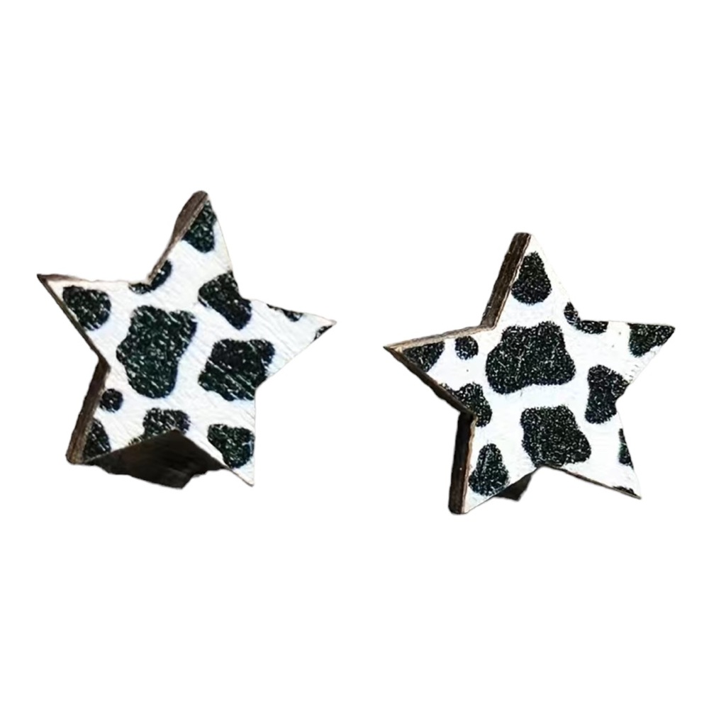 Wooden Star with Cow Print Stud Earrings